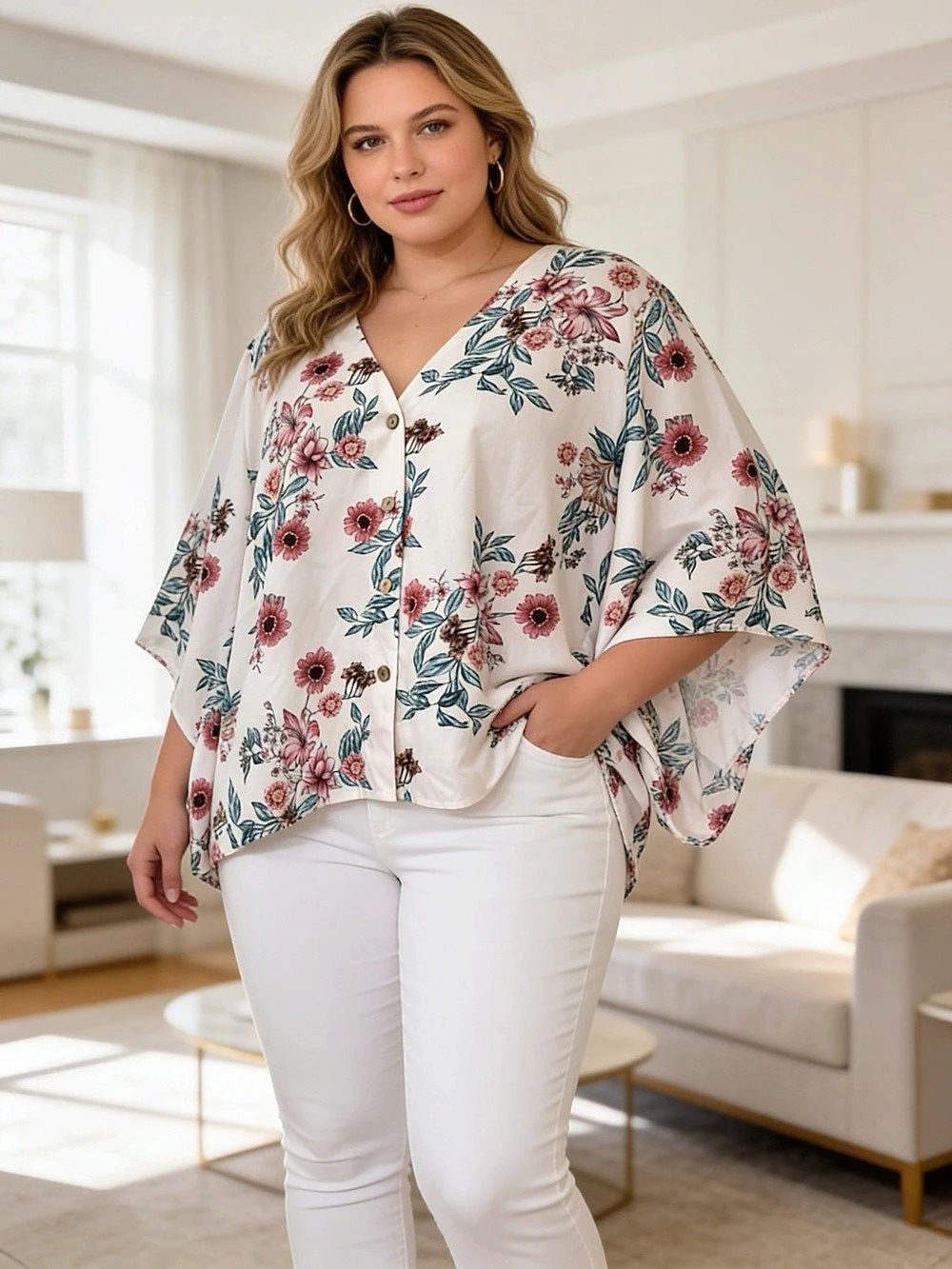 One Common Floral Button Front Blouse in Pink & White XXL NWT